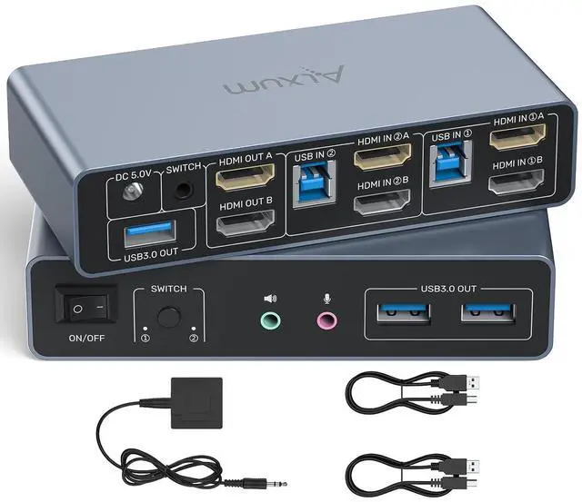 Main image of Ennovor Alxum USB 3.0 HDMI KVM Switch with Audio and Microphone Ports-2 Monitors to 2 Computers,Dual Mode Switching 4K@60Hz 3 USB A,Includes Desktop Controller, 2 USB Cables