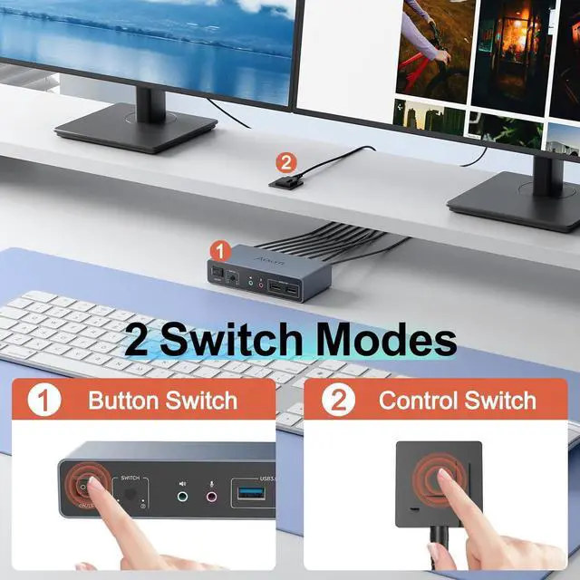 Alt view image 4 of 7 - Ennovor Alxum USB 3.0 HDMI KVM Switch with Audio and Microphone Ports-2 Monitors to 2 Computers,Dual Mode Switching 4K@60Hz 3 USB A,Includes Desktop Controller, 2 USB Cables