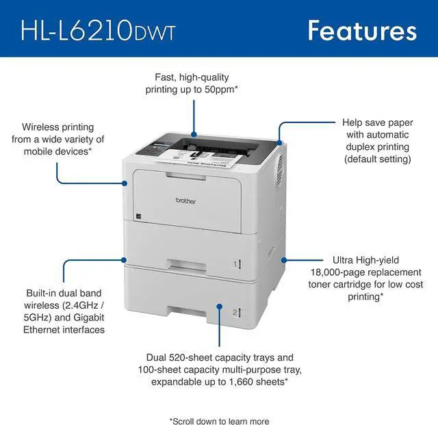 Alt view image 2 of 7 - Brother HL-L6210DWT Business Monochrome Laser Printer with Dual Paper Trays, Wireless Networking, and Duplex Printing, White