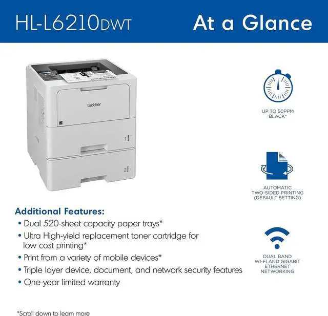 Alt view image 4 of 7 - Brother HL-L6210DWT Business Monochrome Laser Printer with Dual Paper Trays, Wireless Networking, and Duplex Printing, White