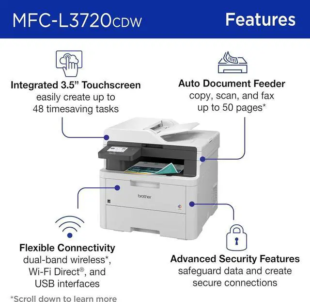 Alt view image 3 of 7 - Brother MFC-L3720CDW Wireless Digital Color All-in-One Printer with Laser Quality Output, Copy, Scan, Fax, Duplex, Mobile Includes 2 Month Refresh Subscription Trial ¹ Amazon Dash Replenishment Ready