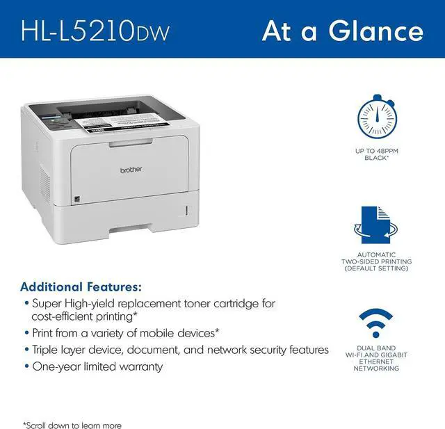 Alt view image 4 of 7 - Brother HL-L5210DW Business Monochrome Laser Printer with Duplex Printing, Versatile PaperHandling, Wireless and Gigabit Ethernet Networking, and Mobile Printing, Works with Alexa