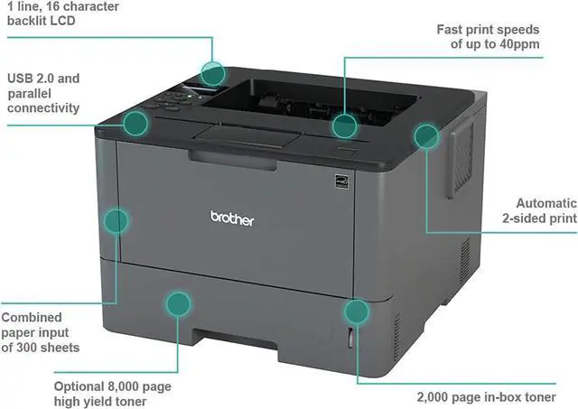 Alt view image 2 of 5 - Brother HL-L5000D Wired Monochrome Single-Function Laser Printer - Print only - 42 ppm, 1200 x 1200 dpi, 8.5" x 14" Legal, 256MB Memory, Auto Duplex Printing, Parallel, USB