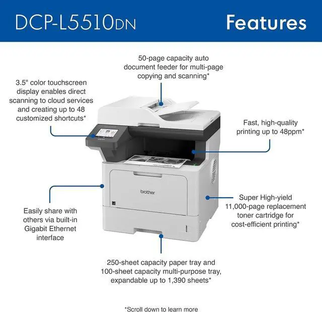 Alt view image 2 of 7 - Brother DCP-L5510DN Business Monochrome Laser All-in-One Printer with Duplex Printing and Networking, Works with Alexa