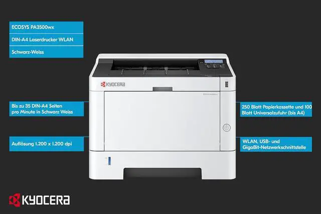 Alt view image 2 of 7 - Kyocera ECOSYS PA3500wx, Laser, 1200 x 1200 DPI, A4, Doppelseitiger Druck, Schwarz, Wei?
