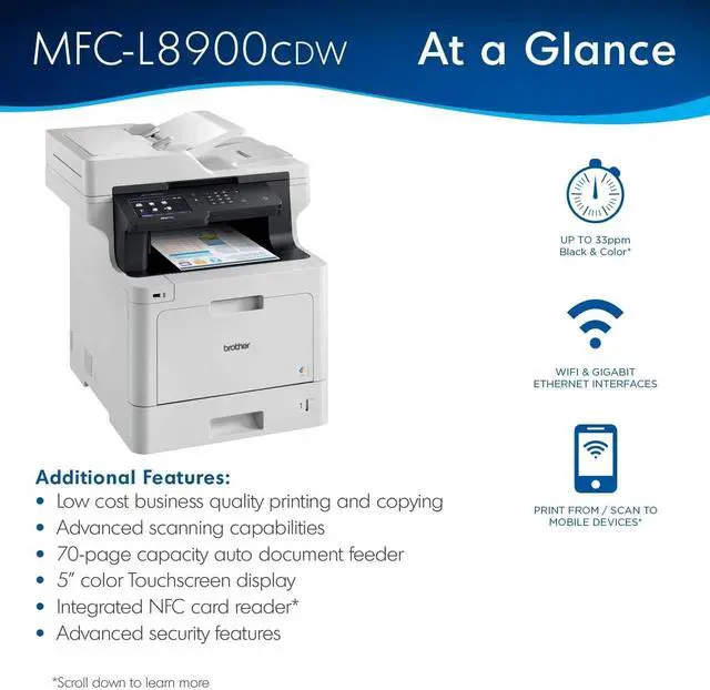Alt view image 3 of 7 - Brother MFC-L8900CDW Business Color Laser All-in-One Printer, Print Scan Copy Fax, Automatic 2-Sided Printing, 5 inch Color Touchscreen, 250-sheet, 512MB, Bundle with JAWFOAL Printer Cable