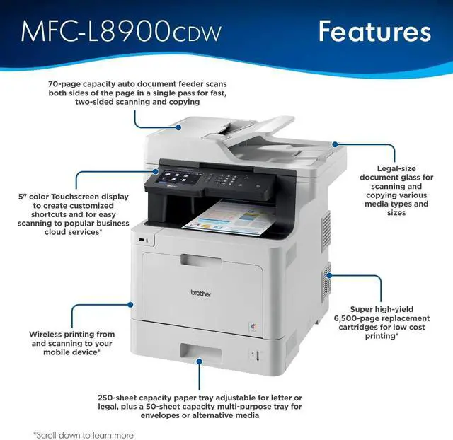 Alt view image 2 of 7 - Brother MFC-L8900CDW Business Color Laser All-in-One Printer, Print Scan Copy Fax, Automatic 2-Sided Printing, 5 inch Color Touchscreen, 250-sheet, 512MB, Bundle with JAWFOAL Printer Cable
