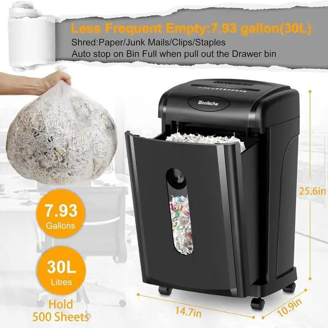 Alt view image 4 of 7 - Woolsche Paper Shredder, 18-Sheet Cross Cut with 7.93Gallon Pull Out Bin, P-4 Security Level, Shred Paper and Credit Card and CD, Durable&Fast with Auto Jam Proof System Shredder for Office