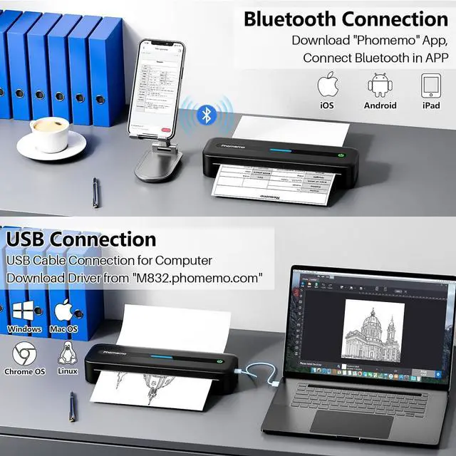 Alt view image 5 of 7 - Ennovor Phomemo M832 Wireless Portable Thermal Printer Black & 2 Rolls A4 Thermal Printer Paper