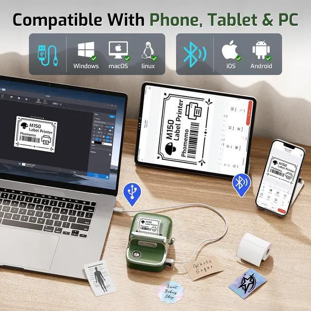 Alt view image 3 of 6 - Ennovor Phomemo M150 Label Maker, Bluetooth Thermal Label Maker Machine with Tape, Upgrade Mini Thermal Label Printer for Barcode, Address, Mailing, Compatible with Phone & PC