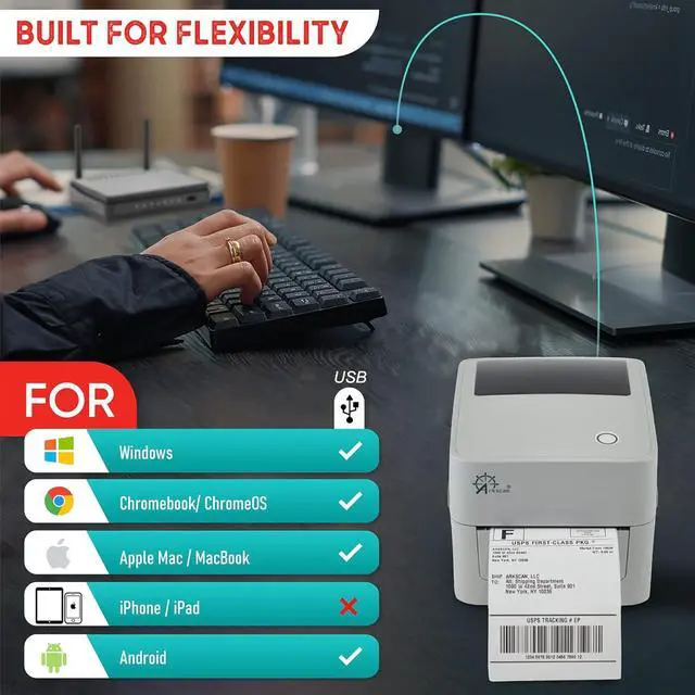 Alt view image 4 of 7 - Ennovor 2054K-USB Upgraded 2054A Shipping Label Printer for Windows Mac Chromebook, Support Amazon Ebay Paypal Etsy Shopify ShipStation UPS USPS FedEx, fit Roll & Fanfold 4x6 Direct Thermal