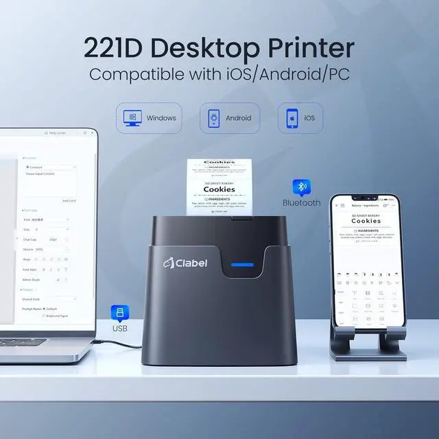 Alt view image 3 of 7 - Ennovor CLABEL 221D Desktop Bluetooth Label Printer with 1 Roll Jewerly Labels
