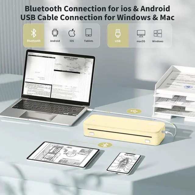 Alt view image 2 of 7 - Ennovor JADENS Portable Printers Wireless for Travel, Thermal Inkless Printer, Support 8.5" X 11" Thermal Paper(Yellow)