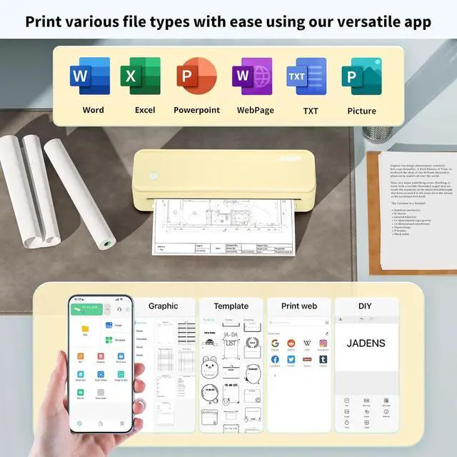 Alt view image 3 of 7 - Ennovor JADENS Portable Printers Wireless for Travel, Thermal Inkless Printer, Support 8.5" X 11" Thermal Paper(Yellow)
