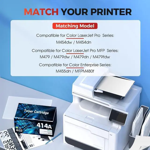Alt view image 2 of 7 - Ennovor 414A Toner Cartridges 4 Pack - Replacement for HP 414A Toner Cartridges 4 Pack HP 414A Black Toner to use with HP Color Pro MFP M479fdw M479fdn M454dw M454dn Printer, W2020A, with CHIP