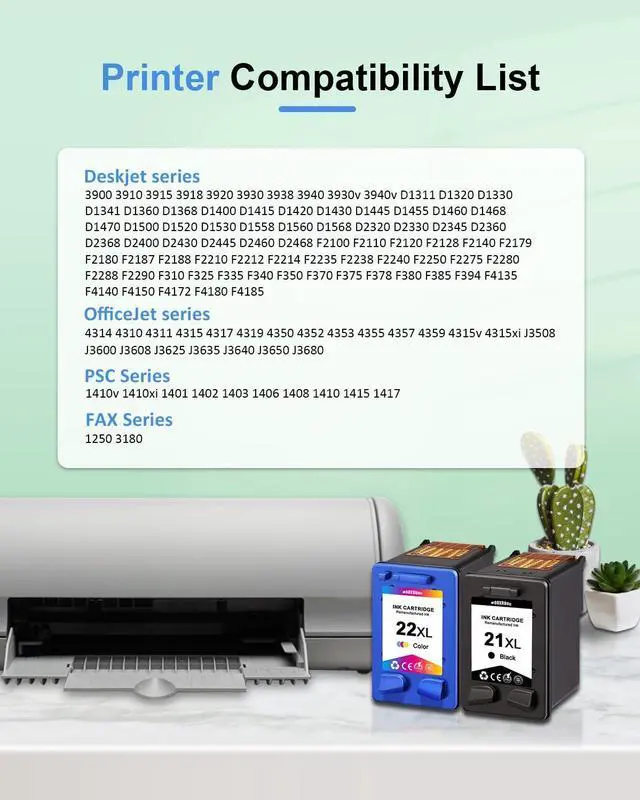 Alt view image 2 of 6 - Ennovor 21XL 22XL Ink Cartridges Combo Pack Compatible HP 21 22 Ink Cartridges Replacement for OfficeJet 4315 J3680 DeskJet F2210 F4180 F380 F300 F4140 D1455 3940 PSC 1410 (2-Pack, Black/Tri-Color)