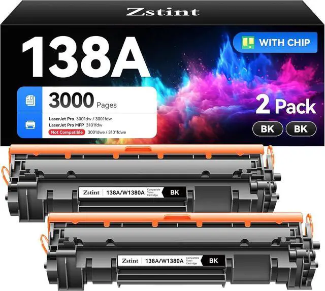 Main image of 138A W1380A Black Toner Cartridge Set 2-Pack High Yield with Chip Replacement for HP 138A W1380A 138X W1380X Cartridge Compatible with HP Laser Jet Pro 3001dw 3001fdw MFP 3101fdw Series Printer Toner