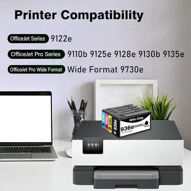 Alt view image 2 of 6 - 936XL 936e Ink Cartridge with Chip Replacement for HP 936 Ink Cartridges Combo Pack Compatible for HP OfficeJet Pro 9125e 9135e 9110b 9128e 9130b OfficeJet 9122e 9120e Wide Format 9730e Printer(4Pack)