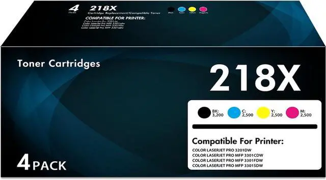 Main image of 218X Toner Cartridges 4 Pack | Compatible Replacement for 218X Toner High Yield W2180X 218A W2180A Works with Color Laser Pro 3201dw MFP 3301 Series 3301fdw 3301sdw 3301cdw Printer Ink (with Chip)