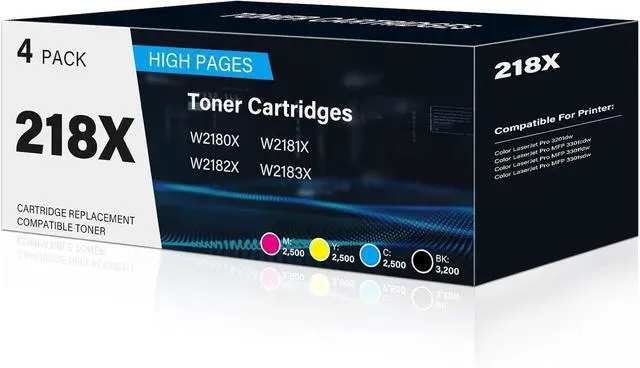 Main image of 218X Toner Cartridges 4 Pack | Compatible Replacement for 218X Toner High Yield W2180X 218A W2180A Works with Color Laser Pro 3201dw MFP 3301 Series 3301fdw 3301sdw 3301cdw Printer Ink (with Chip)
