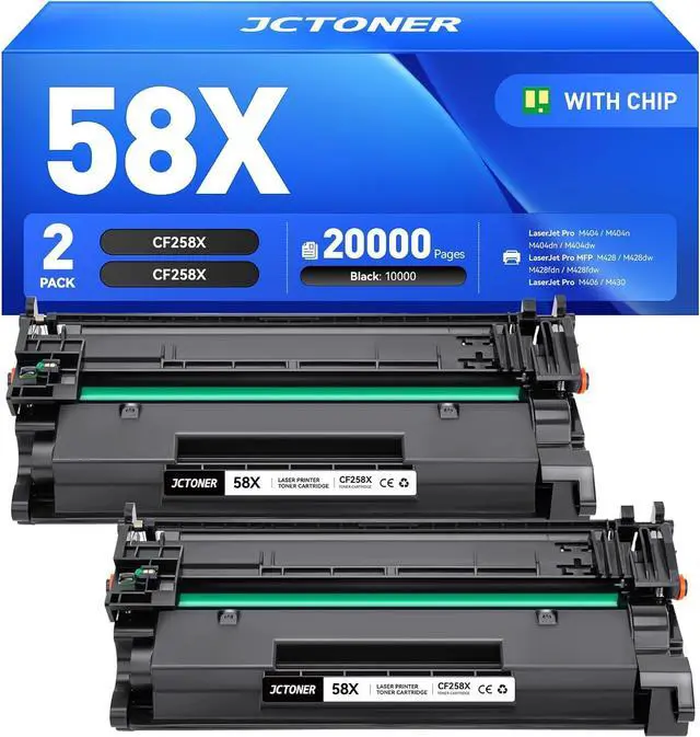 Main image of 58X Black Toner Cartridge 2-Pack with chip High Yield Replacement for HP 58X CF258X Compatible with HP Laserjet Pro MFP M428dw M428fdn M428fdw M404dn M404dw M404n Enterprise M430f M406dn Printer Ink
