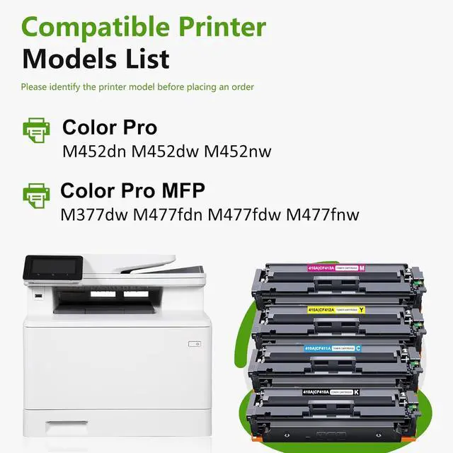 Alt view image 2 of 6 - 410A Toner Cartridges 4 Pack Replacement for HP 410A CF410A CF411A CF412A CF413A for Color Pro MFP M477fdw M477fnw M477fdn M377dw Color Pro M452dn M452nw M452dw Printer(1Black/1Cyan/1Magenta/1Yellow)
