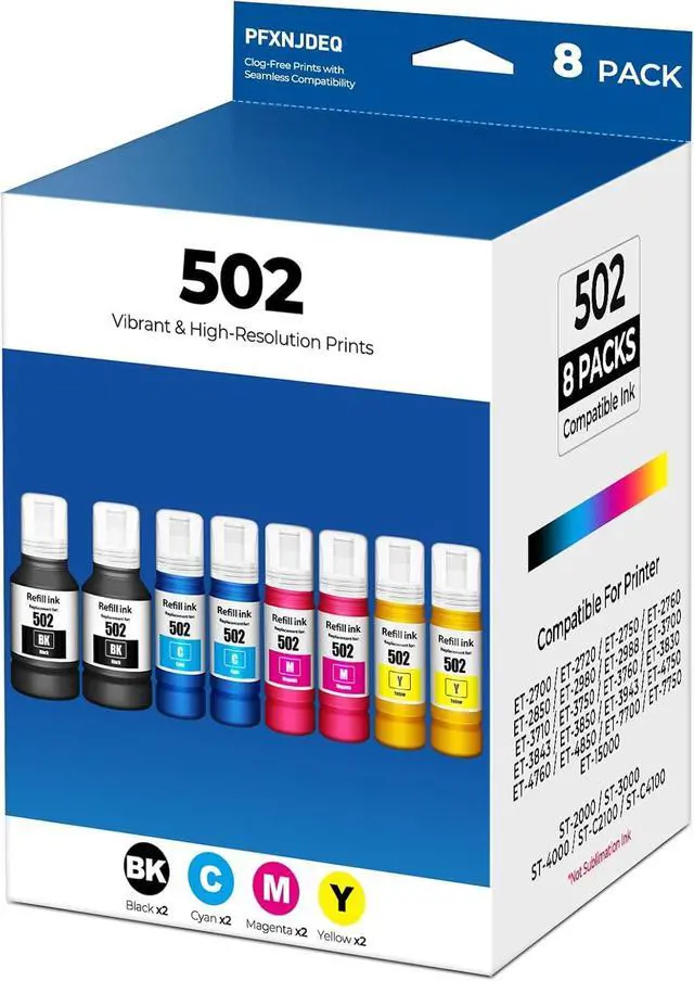 Main image of 502 Ink Refill Bottles ET-2850 ET-4850 ET-15000 ET-3850 Ink Refill Compatible with 502 Ink Refill Bottles 8-Pack Eco Tank,for ET 2850 ET 3850 ET 4850 ET 15000 ET-2980 ET-3843 ET-3760 ET-2760 2988 3943