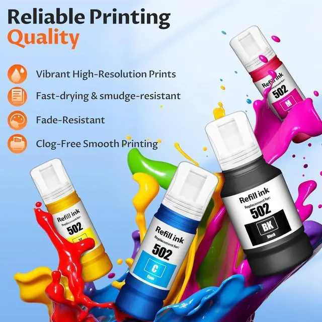 Alt view image 7 of 7 - 502 Ink Refill Bottles ET-2850 ET-4850 ET-15000 ET-3850 Ink Refill Compatible with 502 Ink Refill Bottles 8-Pack Eco Tank,for ET 2850 ET 3850 ET 4850 ET 15000 ET-2980 ET-3843 ET-3760 ET-2760 2988 3943