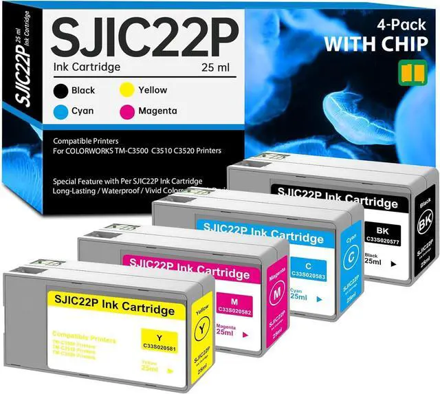 Main image of Remanufactured 4 Pack SJIC22P Ink Cartridge with Chip Replacement for SJIC22P C33S020577 C33S020581 C33S020582 C33S020583 Ink for ColorWorks TM-C3500 TM-C3510 TM-C3520 Printer Ink, 4-Pack TM-C3500 Ink