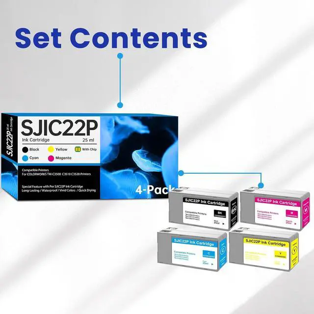Alt view image 2 of 7 - Remanufactured 4 Pack SJIC22P Ink Cartridge with Chip Replacement for SJIC22P C33S020577 C33S020581 C33S020582 C33S020583 Ink for ColorWorks TM-C3500 TM-C3510 TM-C3520 Printer Ink, 4-Pack TM-C3500 Ink