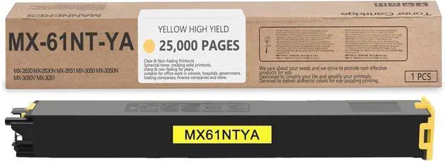 Main image of MX-61NT-YA MX-61NTYA Yellow High Yield Toner Cartridge Replacement for Sharp MX-61NT MX-61NT-YA MX-61NTYA MX-2651 MX-3051 MX-3071 MX-3551 MX-3571 MX-4051 MX-4071 Printer (1-Pack, 25000 Page-Yield)