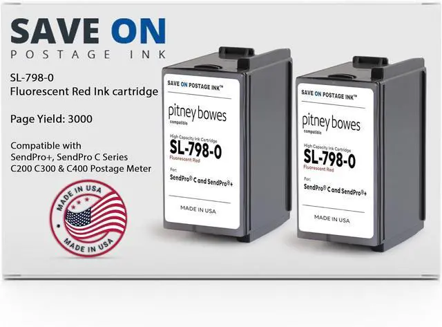 Main image of Save On Postage Ink (2 Pack SL-798-0 Fluorescent Red Printer Ink Cartridge Compatible with Pitney Bowes Ink Cartridge, SendPro+, SendPro C Series C200/300/400 Postage Meters - Inkjet Printer Ink