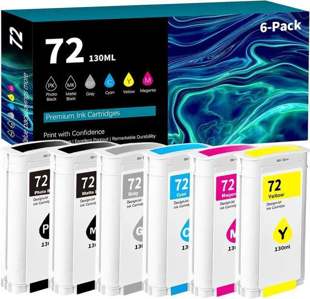 Main image of 72 Ink Cartridges 130ML X 6 Latest Upgrade Replacement for HP 72 Ink Cartridges C9403A C9370A C9371A C9372A C9373A C9374A Work with DesignJet T770 T790 T795 T610 T620 T1100 T1120 T1200 T1300 T2300