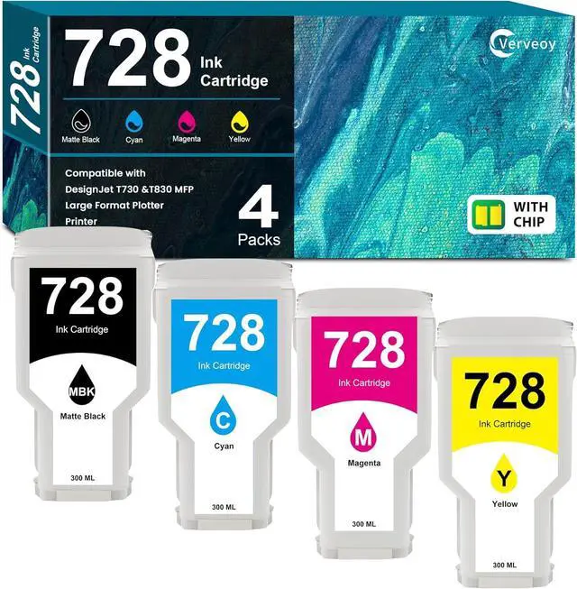 Main image of 728 Ink Cartridges 300-ml 4-Pack Set Compatible with HP 728 728XL Ink Cartridges for F9J68A F9K17A F9K16A F9K15A Ink Kit for DesignJet T830 MFP T730 Large Format Plotter Printer (4-Pack, MBK/C/M/Y)