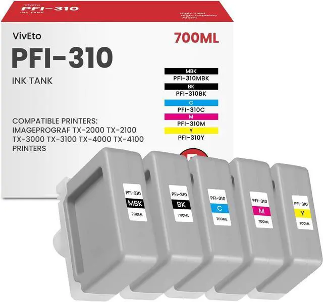 Main image of PFI-310 700ml Pigment Ink Tank Replacement for Canon PFI310 PFI-310MBK PFI-310BK PFI-310C PFI-310M PFI-310Y for imagePROGRAF TX-2000 TX-3000 TX-4000 TX-2100 TX-3100 TX-4100 Plotter Printers, 5-Pack