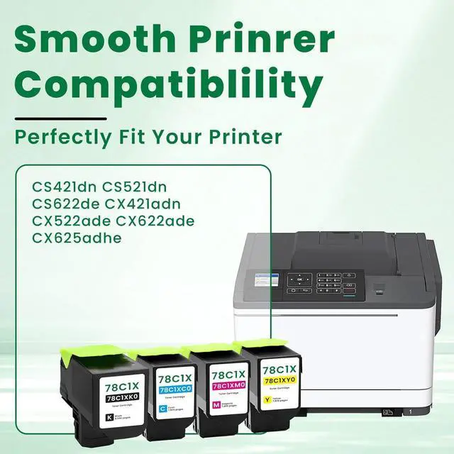 Alt view image 2 of 7 - 78C1X 78C1XK0 78C1XC0 78C1XM0 78C1XY0 Toner Cartridge High Yield Replacement for Lexmark 78C1X Toner Cartridges for CS421 CX421 CS421DN CX421ADN CS521 CX521 CS521DN CX521ADN CS522 Printer Ink (4 Pack)