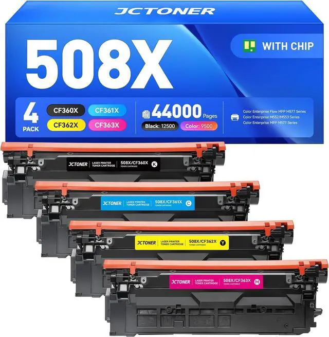 Main image of 508X Toner Cartridge Set 4-Pack High Yield Replacement for HP 508X 508A CF360X CF361X CF362X CF363X Color Laserjet M552dn M553dh M553dn M553n M553x MFP M577dn M577f M577c M577z Printer Ink Black Copy