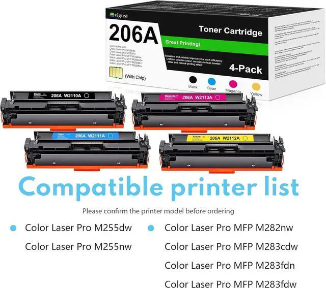 Alt view image 2 of 7 - 206A Toner Cartridge Set(4-Pack, with chip) - Compatible 206A W2110A W2111A W2113A W2112A Toner Cartridges Raplacement for HP Color Laser Pro M255dw M255nw Color Laser Pro MFP M282nw M283fdn Printer