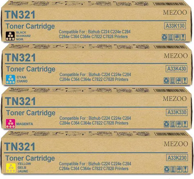 Main image of MEZOO TN-321 TN321 Toner Cartridge Black Cyan Magenta Yellow Replacement for TN321 A33K130 A33K430 A33K330 A33K230 Toner for Bizhub C224e C364e C284e C224 C284 C364 C7822 C7828 Printers(4 Pack)