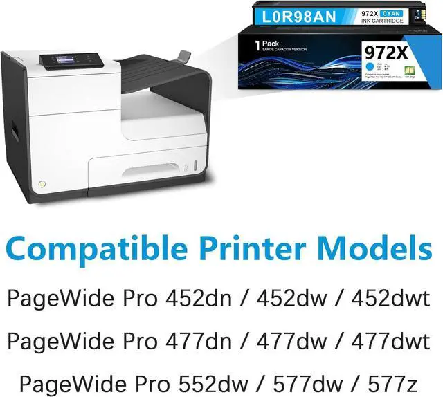 Alt view image 2 of 7 - 972X Cyan PageWide Cartridge (with Chip) Compatible with PageWide Pro 452dn 452dw 452dwt 477dn 477dw 477dwt 552dw 577dw 577z Printer Ink Replacement for HP972X Ink Cartridge 972A Ink Cartridge L0R98AN