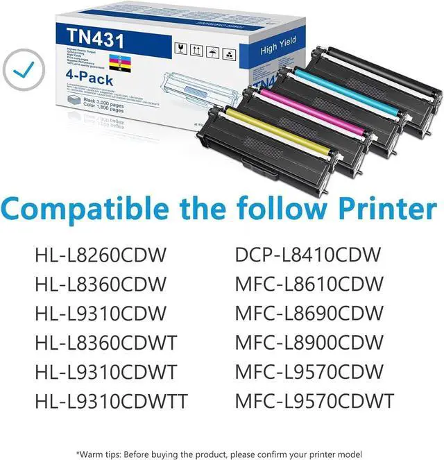 Alt view image 2 of 7 - TN431 TN-431 Toner Cartridge 4-Pack Compatible TN431BK TN431C TN431Y TN431M Replacement for Brother TN-431 TN 431 for MFC-L8900CDW HL-L8260CDW HL-L8360CDW MFC-L8610CDW Printer TN4314PK (1BK/1C/1M/1Y)
