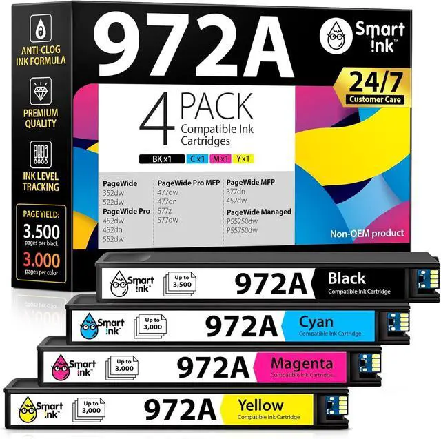 Main image of Smart Ink Compatible Ink Cartridges Replacement for HP 972A 972 A (4 Pack Combo) to use with PageWide Pro 477dw 577dw 452dw 477dn 452dn 577z 552dw 377dw P55250dw Printers (Black & Cyan Magenta Yellow)