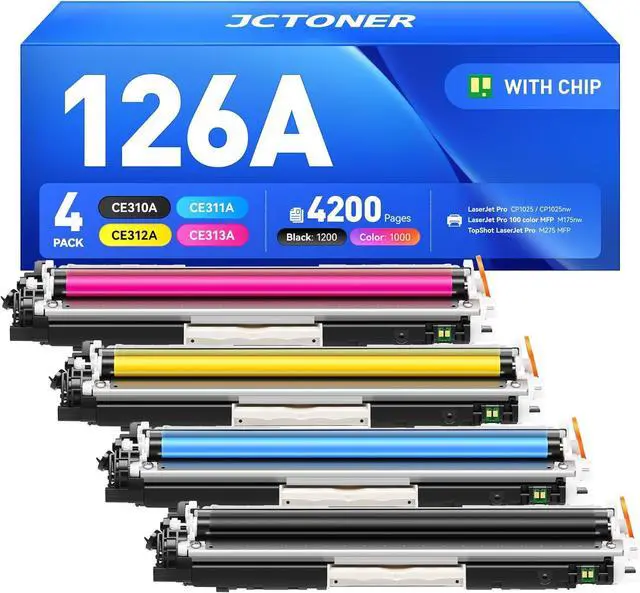 Main image of 126A Toner Cartridge Set 4-Pack High Yield Replacement for HP 126A CE310A CE311A CE312A CE313A Compatible with HP Laserjet Pro 100 Color MFP M175nw CP1025 CP1025nw TopShot M275 Printer Ink Black Copy