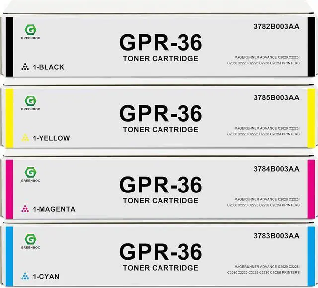 Main image of GREENBOX Remanufactured 3782B003AA 3783B003AA 3784B003AA 3785B003AA Toner Cartridge Replacement for Canon GPR 36 NPG-52 EXV34 for Advance C2020 C2225i C2030 C2220 C2225 C2230 Printer (KCMY, 4-Pack)