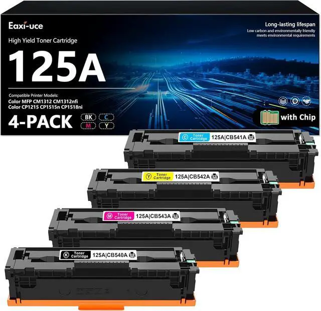Main image of 125A Toner Cartridges 4 Pack High Yield (with Chip) Toner Cartridge: Replacement for HP 125A CB540A CB541A CB542A CB543A with Color CP1215 CP1515n CP1518ni, MFP CM1312 CM1312nfi Printer 125A Set