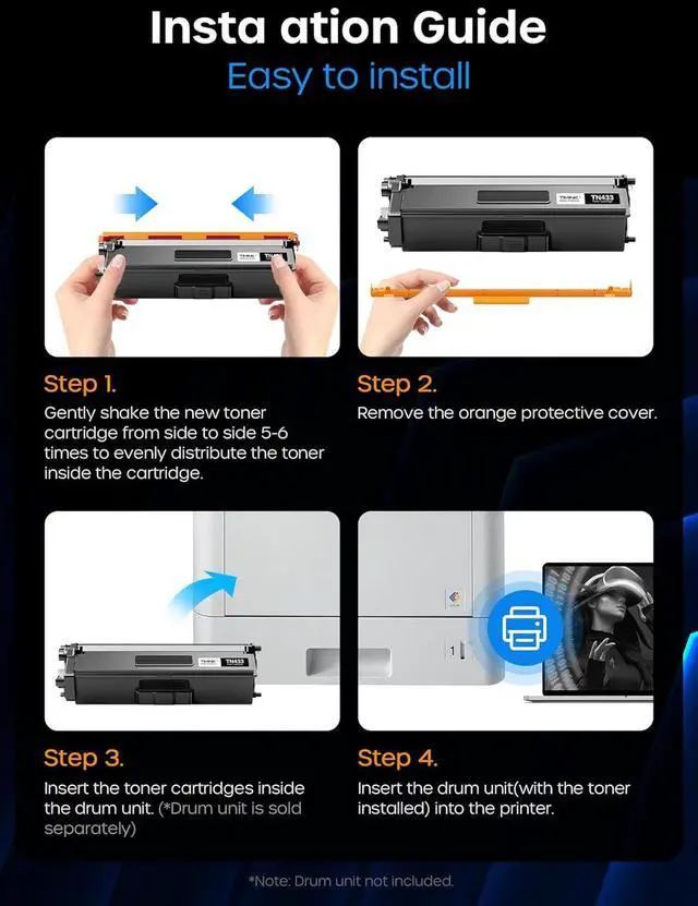 Alt view image 7 of 7 - Ennovor Compatible TN433 Toner Cartridge Replacement for Brother TN 433 TN-433 TN 436 MFC-L8610CDW for Brother HL-L8360CDW HL-L8260CDW HL-L8360CDWT Printer (4 Pack, BK/C/M/Y)