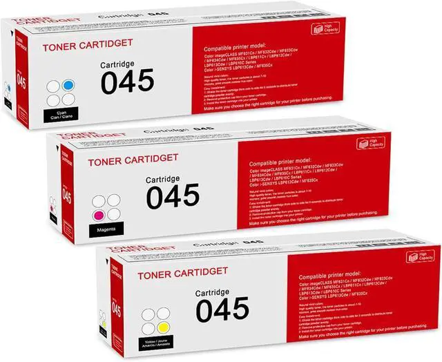 Main image of 3 Pack 045 C/M/Y Toner Cartridge: Compatible CRG-045 Replacement for Canon Color imageCLASS MF631Cn MF632Cdw MF633Cdw MF634Cdw LBP612Cdw LBP613Cdw LBP610C Series i-SENSYS LBP613Cdw MF635Cx Printer