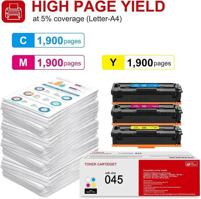 Alt view image 3 of 6 - 3 Pack 045 C/M/Y Toner Cartridge: Compatible CRG-045 Replacement for Canon Color imageCLASS MF631Cn MF632Cdw MF633Cdw MF634Cdw LBP612Cdw LBP613Cdw LBP610C Series i-SENSYS LBP613Cdw MF635Cx Printer