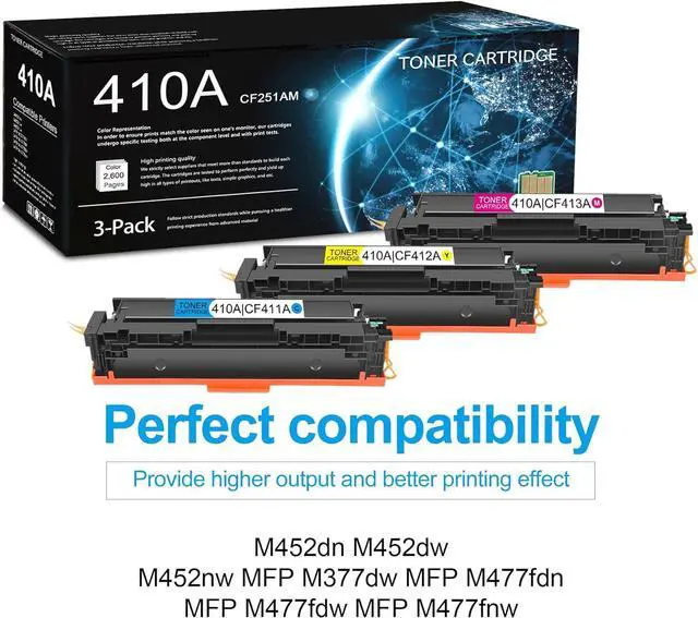 Alt view image 2 of 7 - Ennovor 3 Pack 410A C/M/Y Toner Cartridge (with Chip) | Replacement for HP 410A Work with M452dn M452dw M452nw MFP M377dw MFP M477fdn MFP M477fdw MFP M477fnw | CF251AM