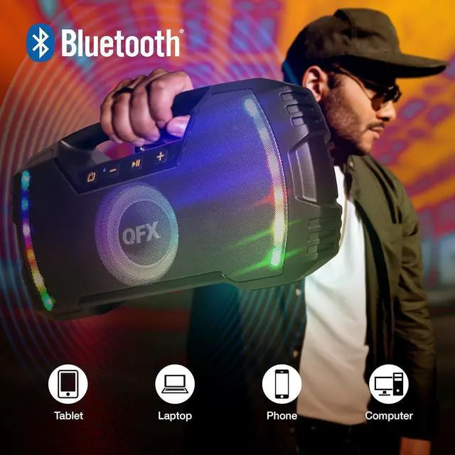 Alt view image 4 of 7 - Powerful & Portable Waterproof All Terrain Bluetooth Speaker with Deep Bass, LED Party Lights, Fast USB-C Charging, FM Radio, AUX  QFX BT-ZX35